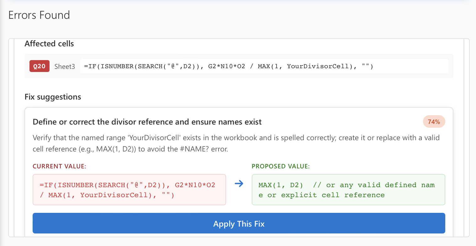 AI Tools for Excel Fix Errors with AI results panel