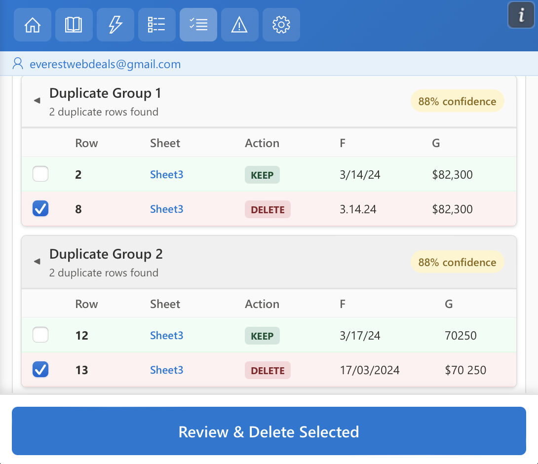 AI Tools for Excel Duplicate Deletion review screen