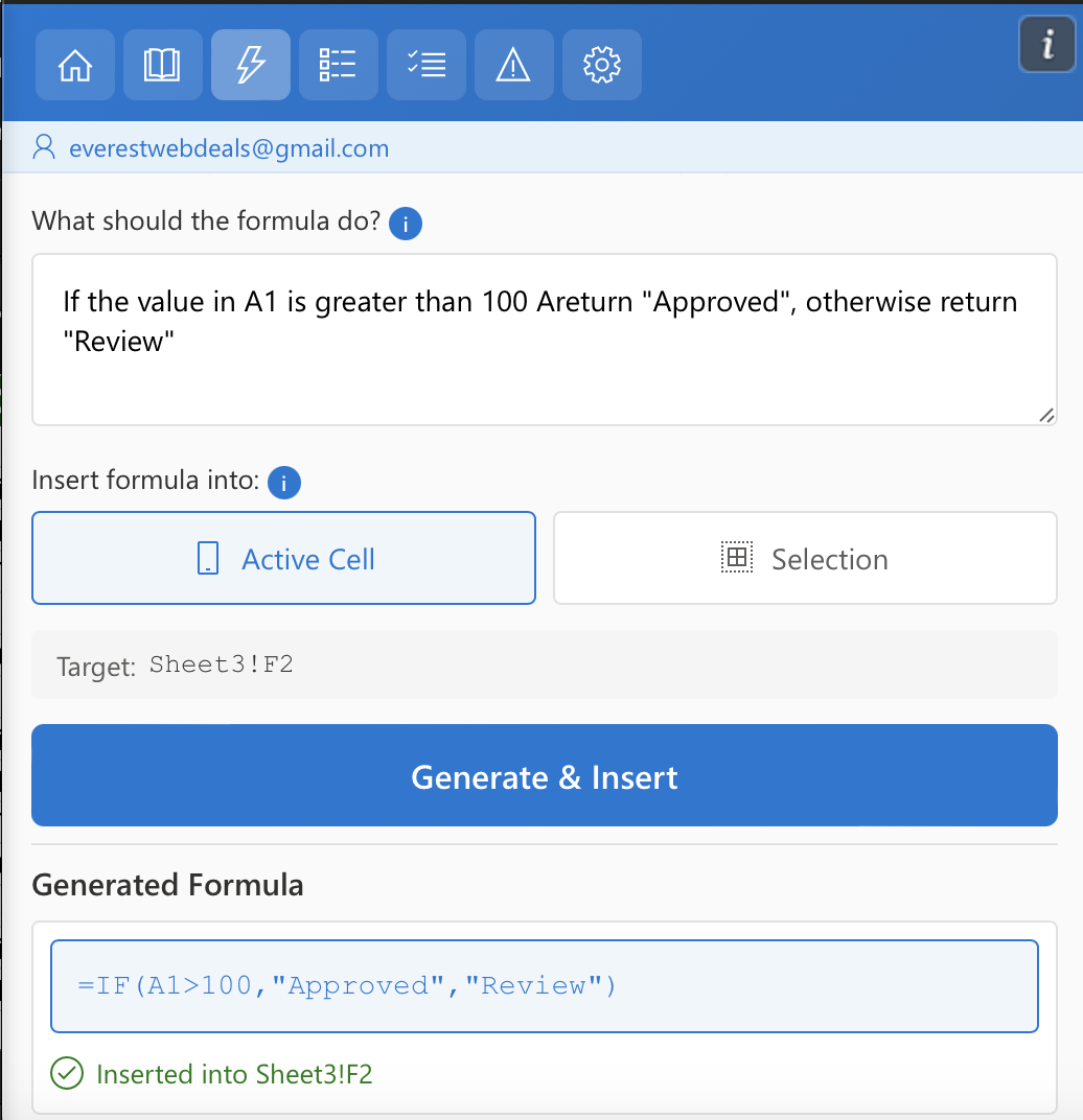 AI Tools for Excel Generate Formula tool