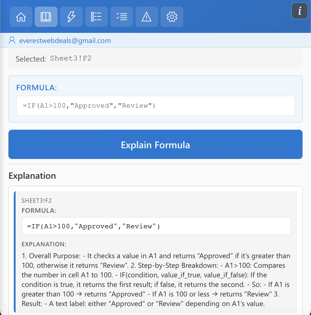 AI Tools for Excel Explain Formula result panel