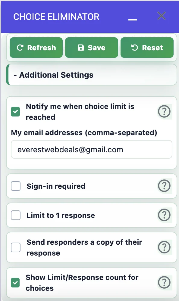 Choice Eliminator additional settings for notifications, sign-in, response copies, and counts