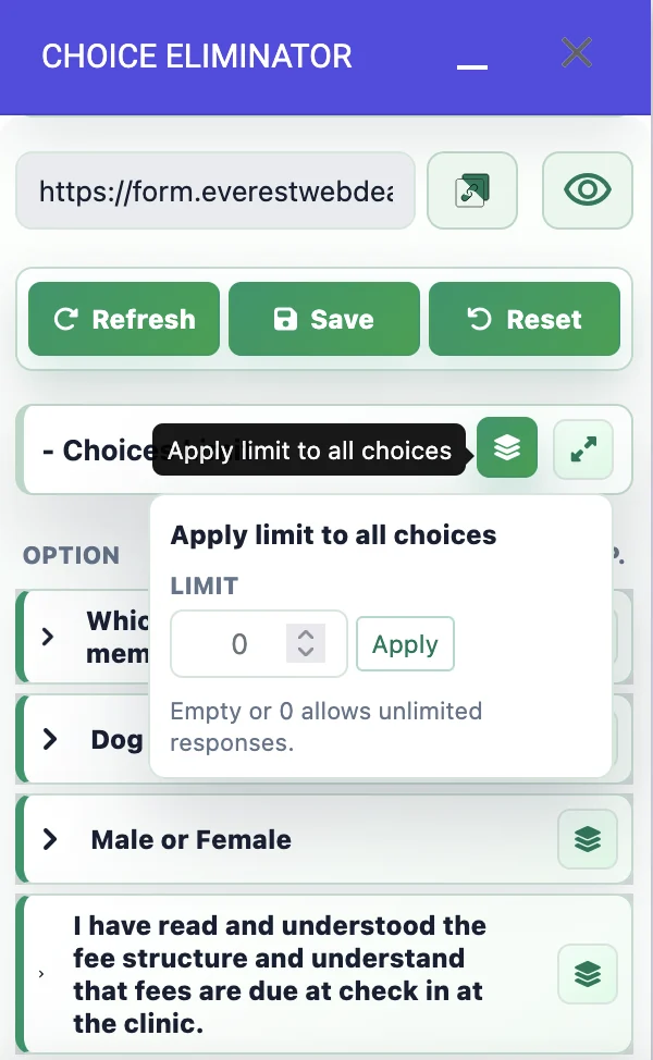 Choice Eliminator bulk apply limit popup