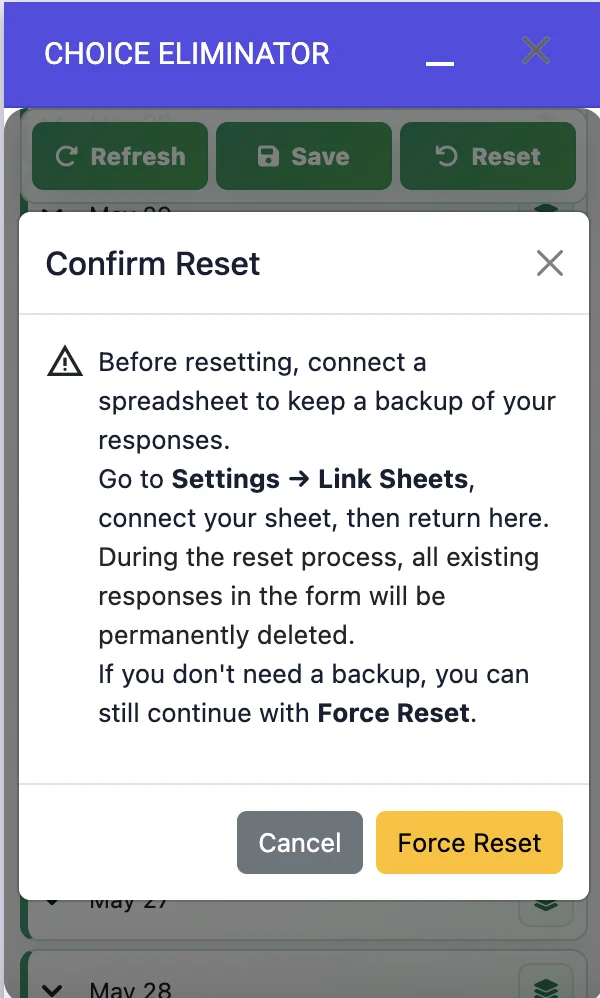 Choice Eliminator reset confirmation warning dialog