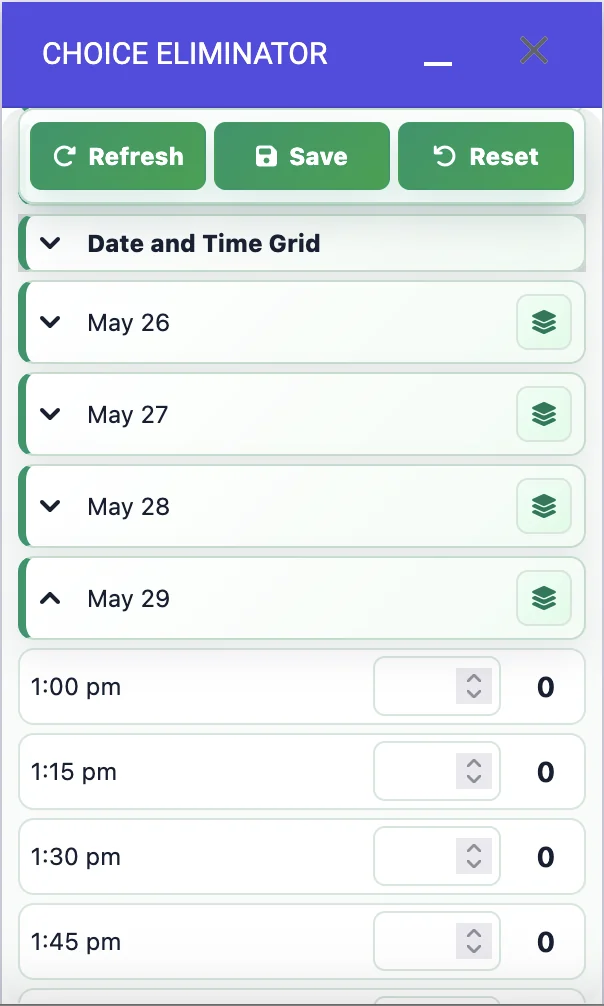 Choice Eliminator grid question support with date rows and time options