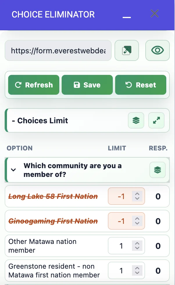 Choice Eliminator sidebar showing removed choices in red strikethrough