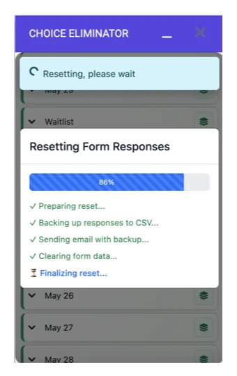 Choice Eliminator reset progress dialog