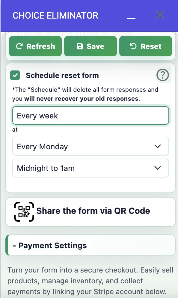 Choice Eliminator scheduled reset settings