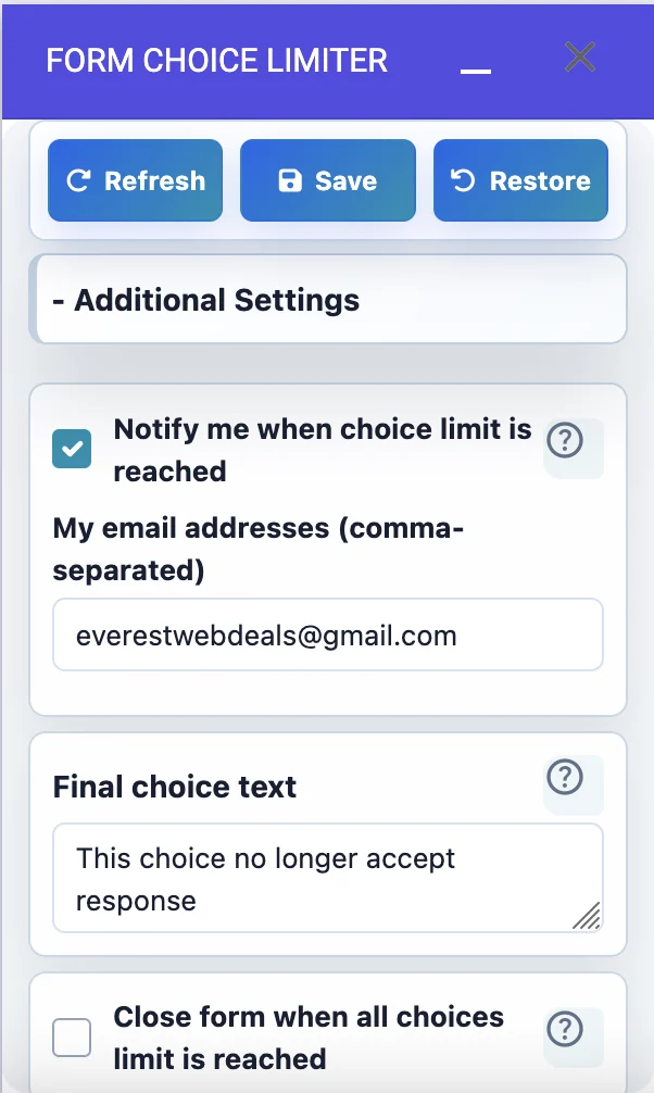 Notification and final choice text settings