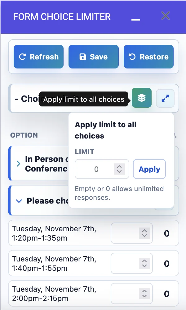 Apply limit to all choices popup and tooltip