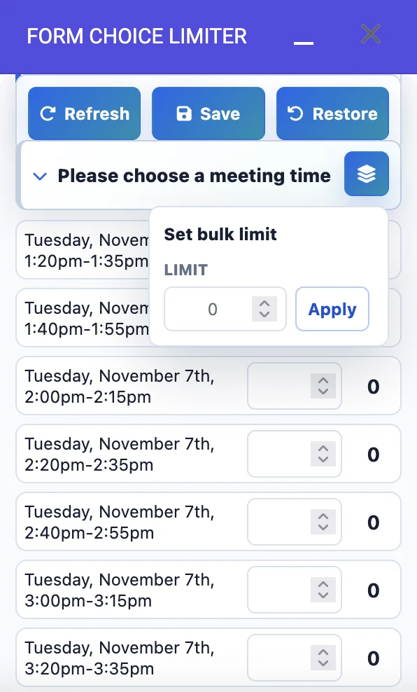 Set bulk limit popup inside the meeting time question