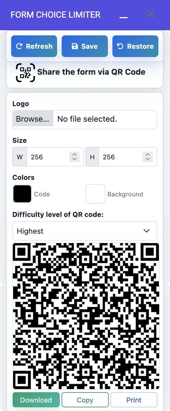 QR code customization screen with settings, generated code, and download, copy, and print actions