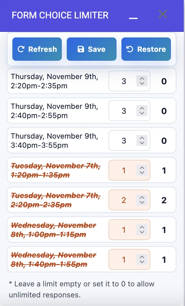 Removed options crossed out after limits are reached