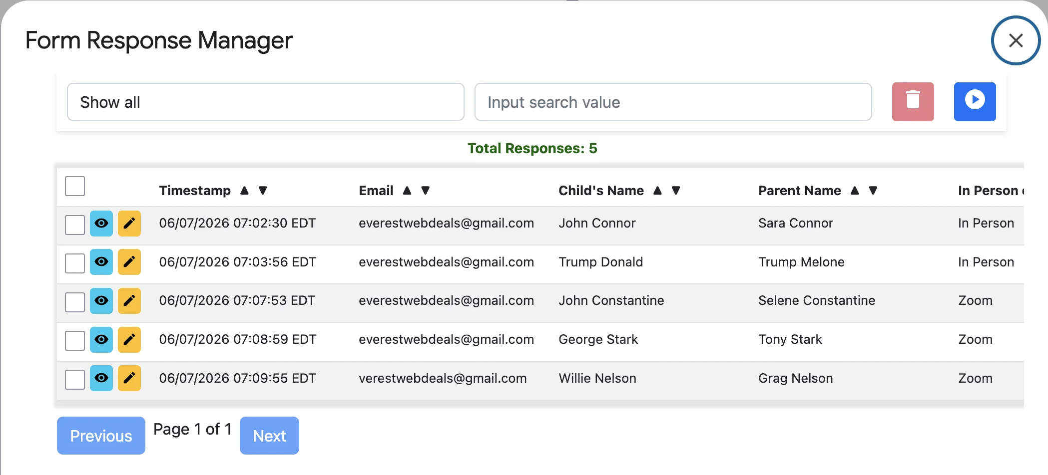 Form Response Manager table with search, edit, delete, and pagination controls