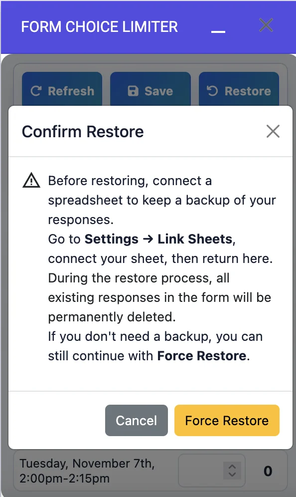 Restore warning dialog explaining spreadsheet backup