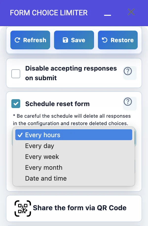 Schedule reset form responses setting with repeat options
