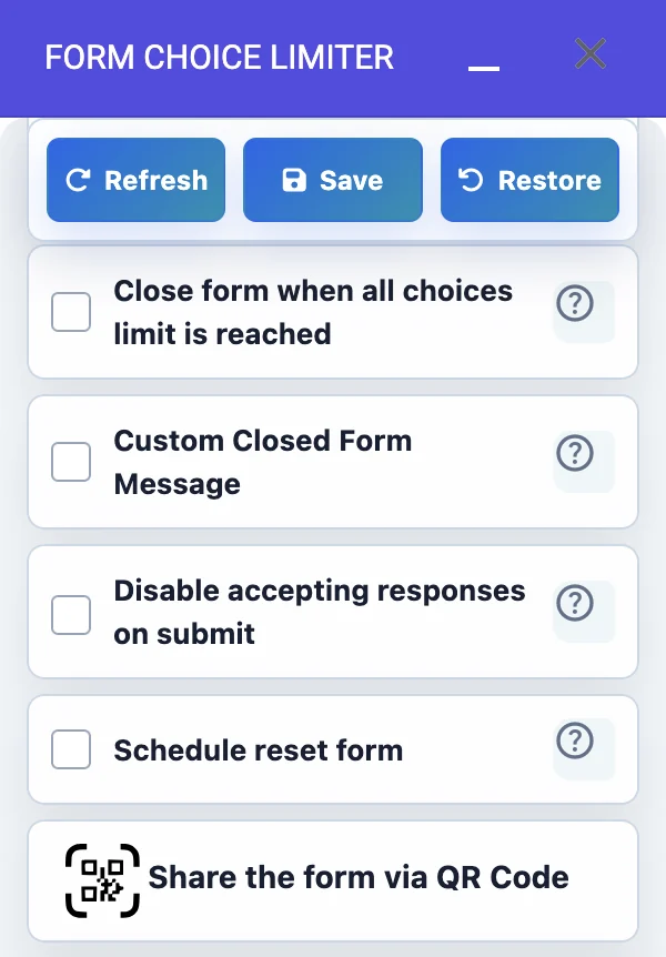 Form Choice Limiter settings menu with QR sharing and reset controls