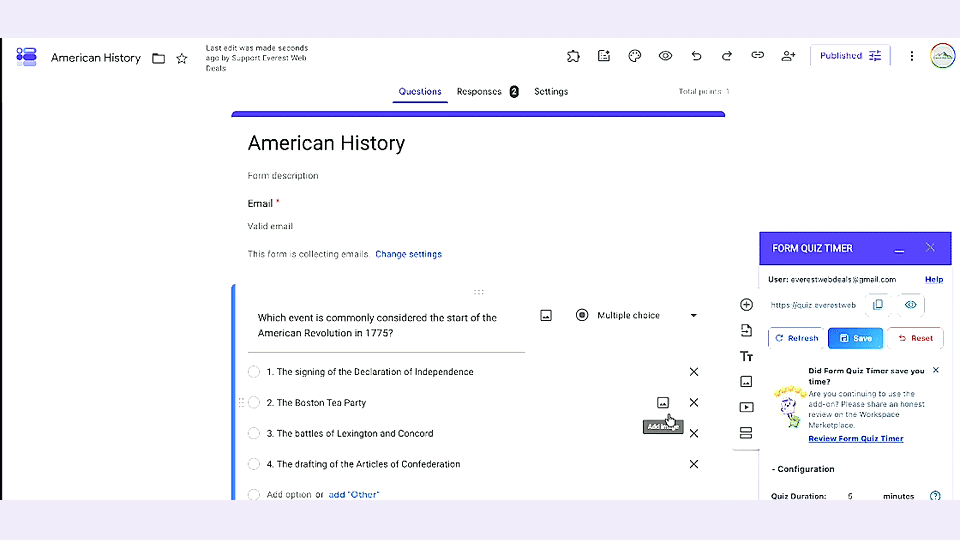 Animated demonstration of Form Quiz Timer timed exam workflow and controls