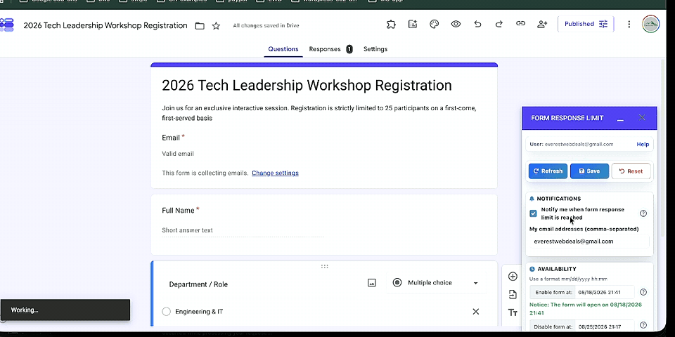 Animated demonstration of Form Response Limit form filling, submission, and quota setting