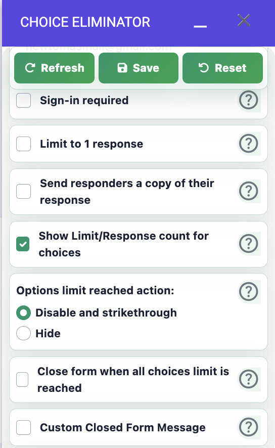 Respondent view showing disabled and hidden choices in Choice Eliminator