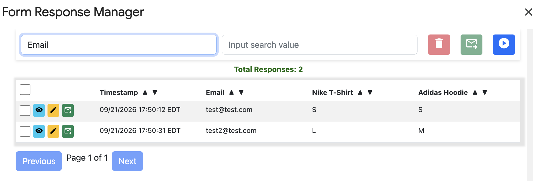 Response Manager showing submitted responses