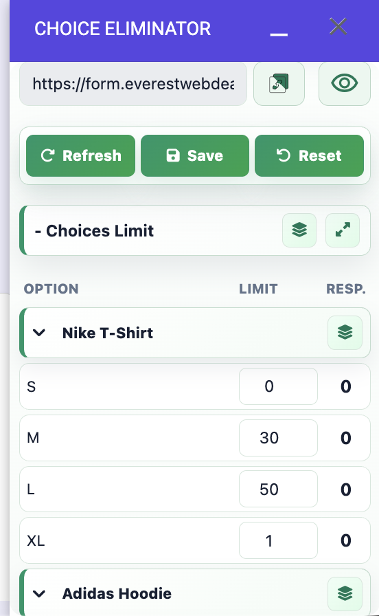 Choices Limit table with Limit and Resp. columns