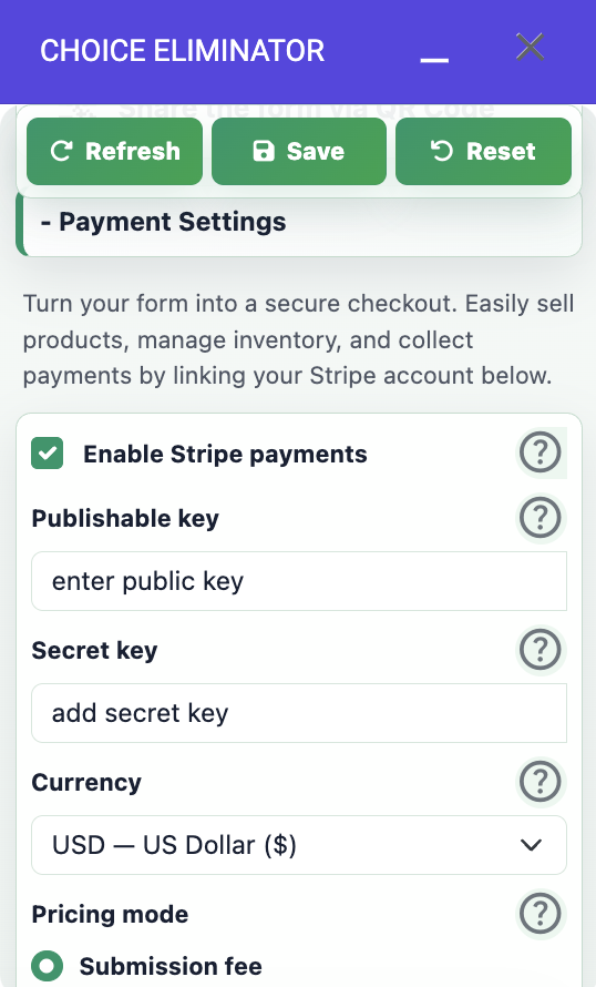 Stripe Payment Settings and option based pricing